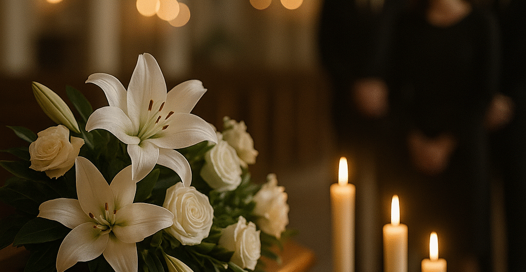 Biała wiązanka lilii na drewnianej trumnie przy świetle świec – pogrzeb w Warszawie