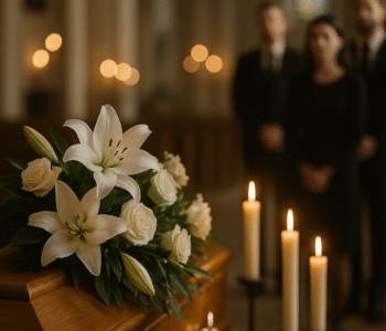 Biała wiązanka lilii na drewnianej trumnie przy świetle świec – pogrzeb w Warszawie